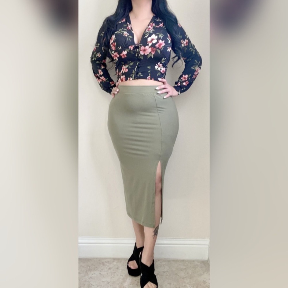 Olive High Waist Slit Midi Skirt